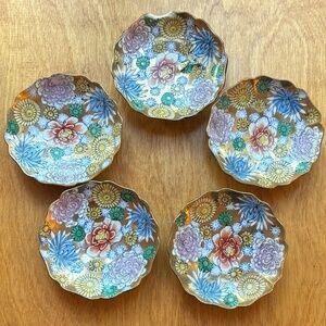 Vintage 1940s Chinese Gold Gilt Millefleur Scalloped Tea Bag Rests, Set of 5